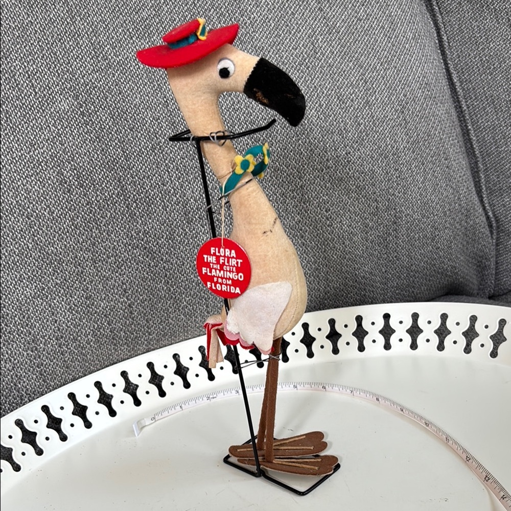 Vintage Flora The Flirt Flamingo bird from Florida cloth Figurine on stand